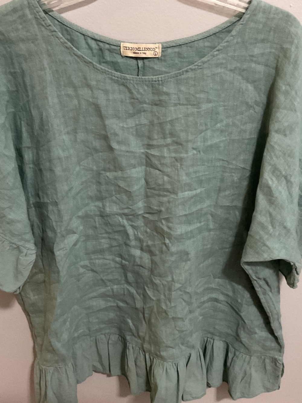 Terzo Millenio 100% Linen Boatneck Ruff Detail Short Sleeve Pullover Top, Large